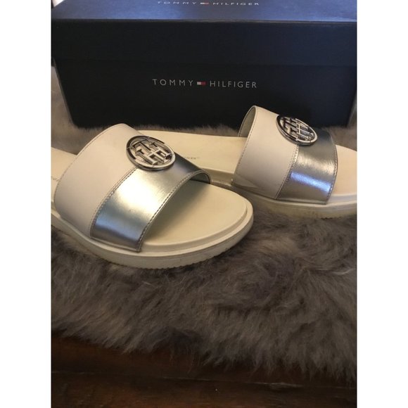 Tommy Hilfiger White and Silver Slides - Picture 3 of 4
